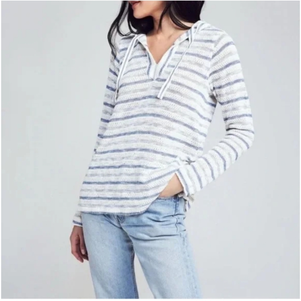 Faherty Pacifica White Azure Stripe Kangaroo Pocket Terry Hoodie Top Small